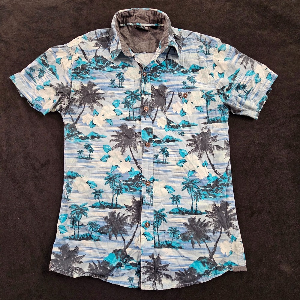 Burnside Beach Scene Print Short Sleeve Button-Up Cotton Shirt Youth M